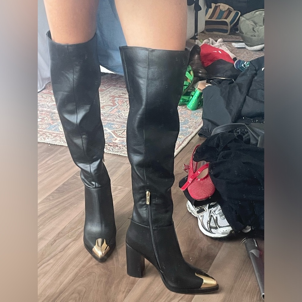 Jessica Simpson over the knee leather boots with gold toe